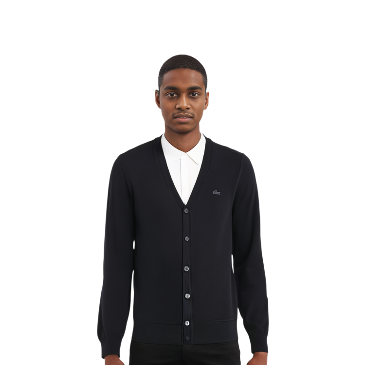 Lookbook LACOSTE 黑色V領長袖針織開衫經典款式。 AH5665-031