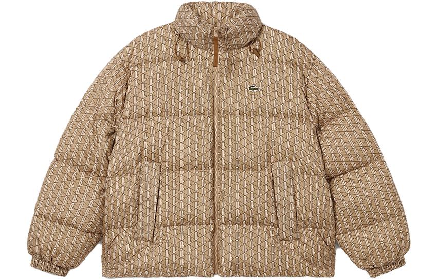 LACOSTE  Brown Printed Down Jacket with Warm Full Zip and Stand Collar. BH6375