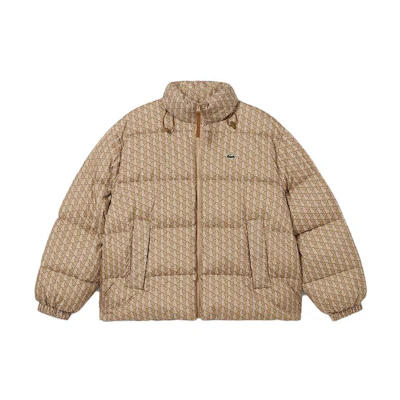 LACOSTE Brown Printed Down Jacket with Warm Full Zip and Stand Collar. BH6375