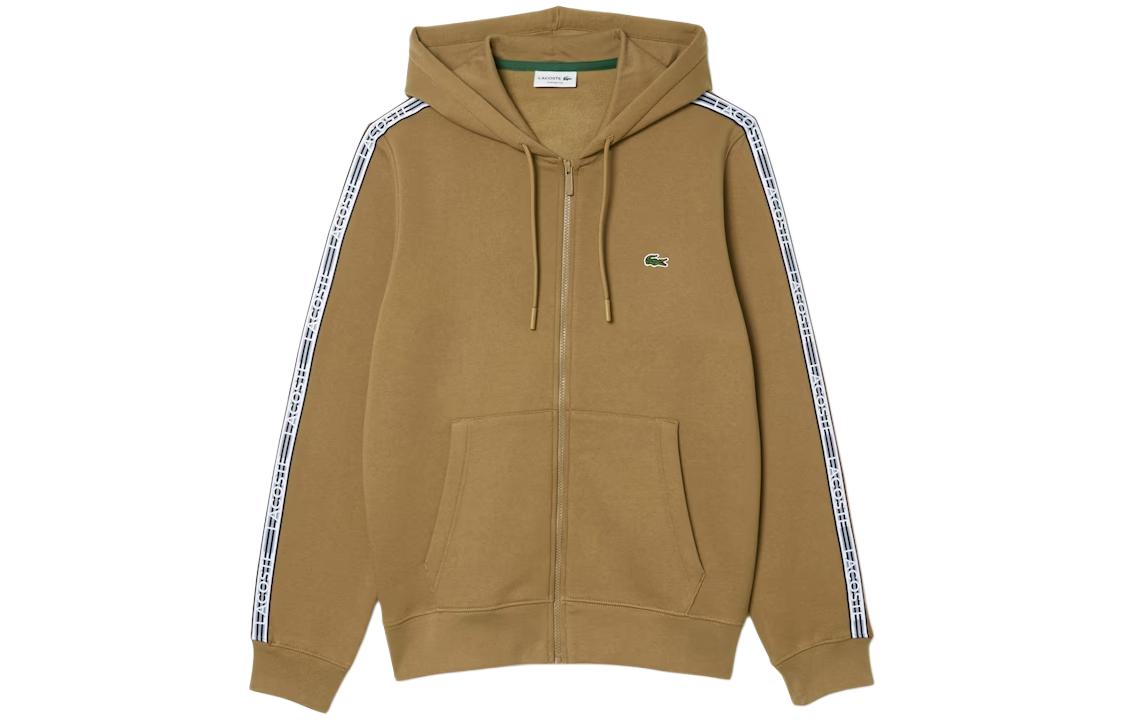 LACOSTE  Brown Striped Zip Hoodie with Drawstring and Large Pocket. SH5065-SIX