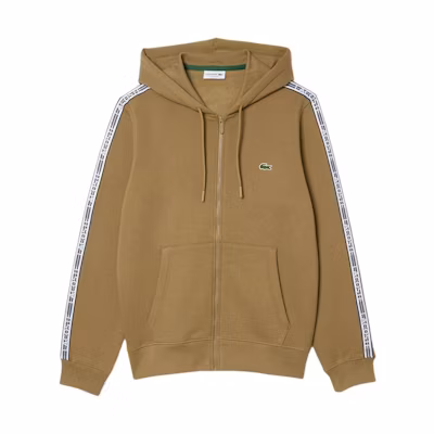 LACOSTE Brown Striped Zip Hoodie with Drawstring and Large Pocket. SH5065-SIX