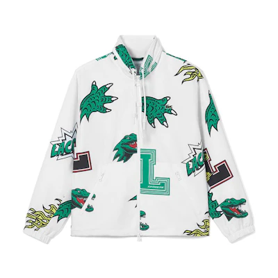 LACOSTE Dinosaur Print Colorblock Zip-Up Jacket with Stand Collar. BH4610