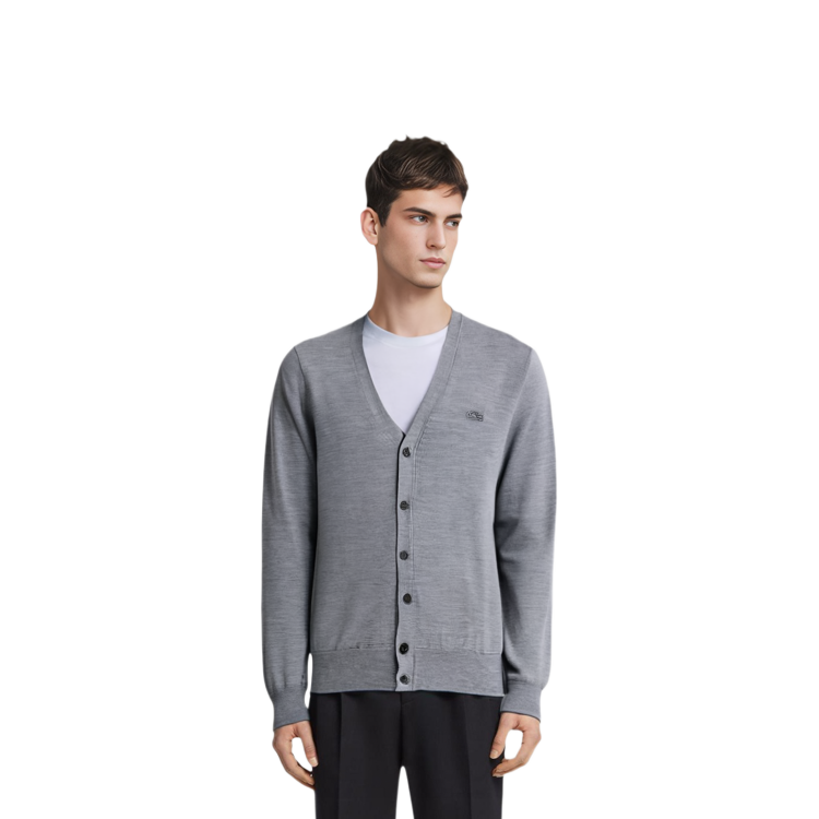 Shop LACOSTE  Grey V-Neck Cardigan Sweater Long-Sleeve Fashion Style AH5665-YRD