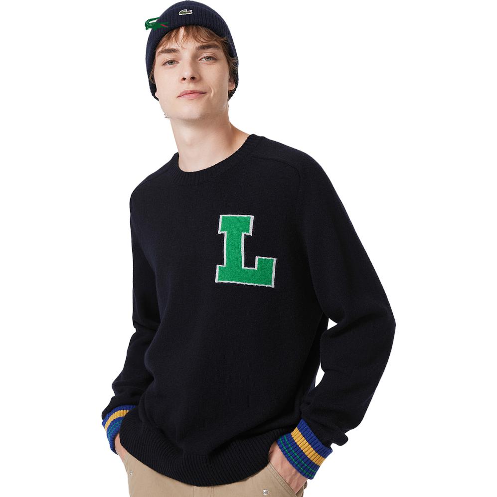 Shop LACOSTE  Navy Blue Knit Sweater Crewneck with Graphic Print. AH0824-1