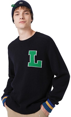 LACOSTE Navy Blue Knit Sweater Crewneck with Graphic Print. AH0824-1 Shop LACOSTE Navy Blue Knit Sweater Crewneck with Graphic Print. AH0824-1
