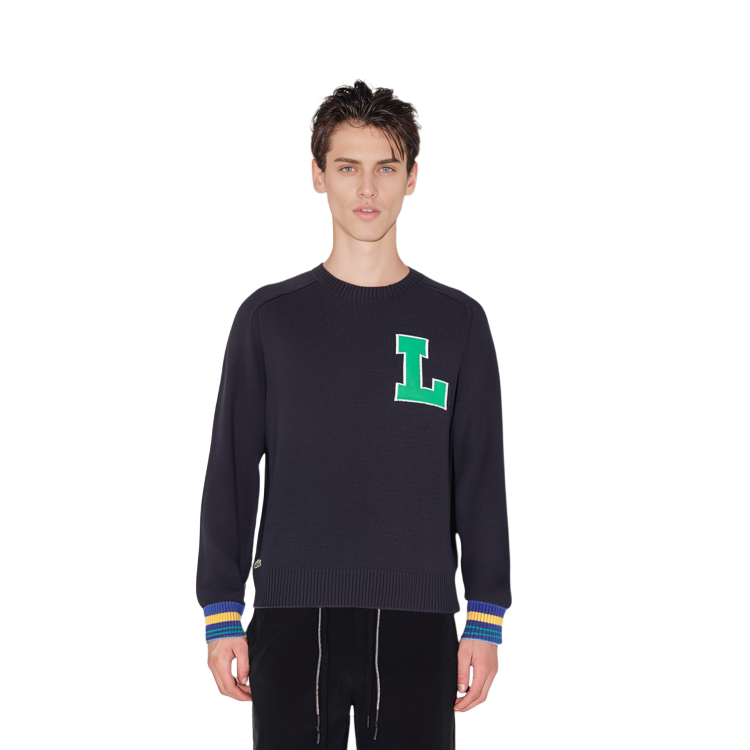 Cheap LACOSTE  Navy Blue Knit Sweater Crewneck with Graphic Print. AH0824-1