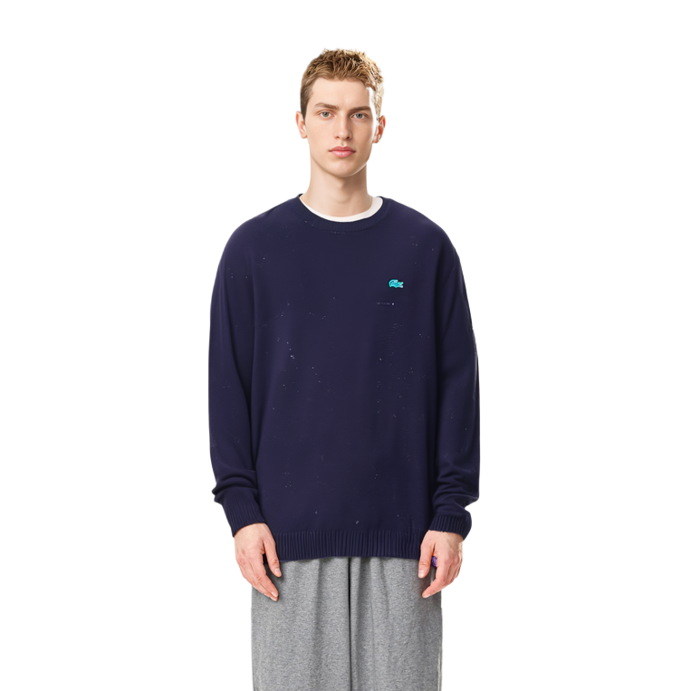 Sizing LACOSTE  Navy Blue Solid Knit Pullover Crewneck Sweater AH2341-7CG