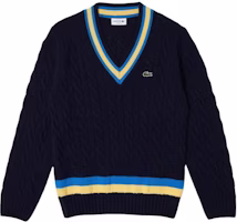 LACOSTE Navy Blue Striped V-Neck Pullover Sweater. AH0493L-7KZ LACOSTE Navy Blue Striped V-Neck Pullover Sweater. AH0493L-7KZ