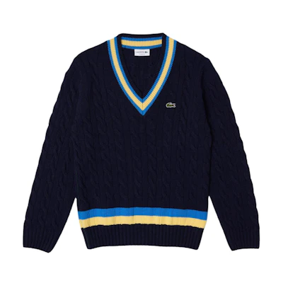 LACOSTE Navy Blue Striped V-Neck Pullover Sweater. AH0493L-7KZ