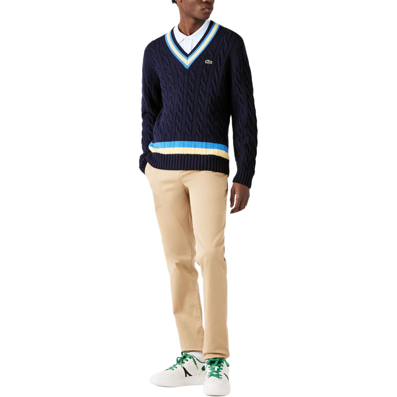 Lookbook LACOSTE  Navy Blue Striped V-Neck Pullover Sweater. AH0493L-7KZ