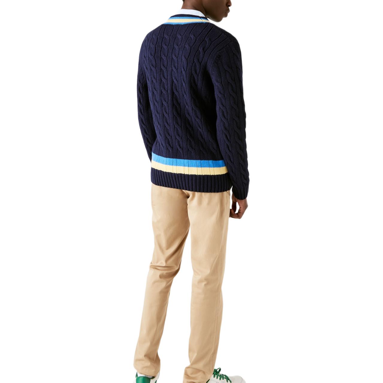 Shop LACOSTE  Navy Blue Striped V-Neck Pullover Sweater. AH0493L-7KZ