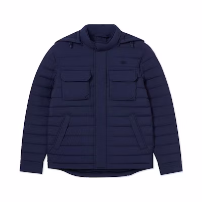 LACOSTE Navy Quilted Down Jacket with Removable Hood and Goose Down Fill. BH8537-166