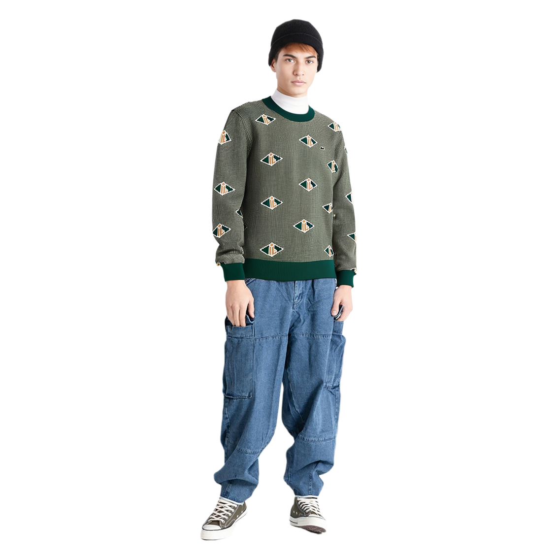 Shop LACOSTE  Retro Print Loose Fit Crewneck Sweater Green. AH0253-LVT