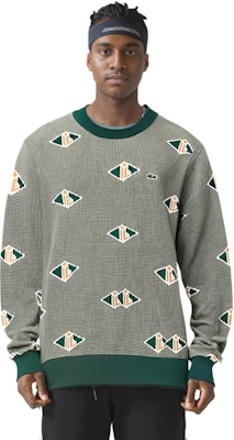 LACOSTE Retro Print Loose Fit Crewneck Sweater Green. AH0253-LVT Details for LACOSTE Retro Print Loose Fit Crewneck Sweater Green. AH0253-LVT