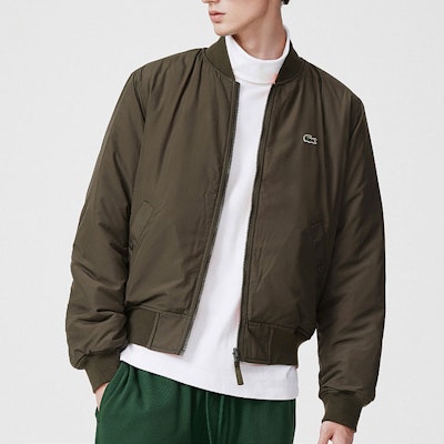 LACOSTE Reversible Green Bomber Jacket with Solid Logo. BH4473-806 Details for LACOSTE Reversible Green Bomber Jacket with Solid Logo. BH4473-806
