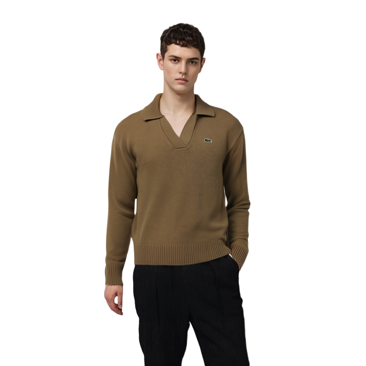 Shop LACOSTE 纯色V领羊绒毛衣卡其色 AF0403-SIX