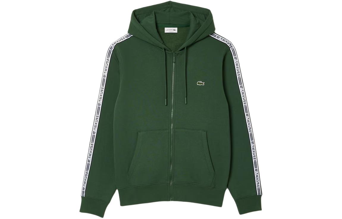 LACOSTE  Striped Zipper Hoodie with Drawstring and Pocket - Dark Green. SH5065-SMI