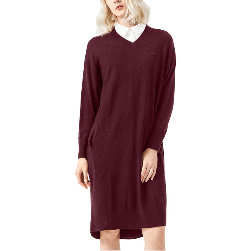 Details for LACOSTE  V-Neck Slim Fit Knit Long Sleeve Dress Burgundy Red EF0718-SXL