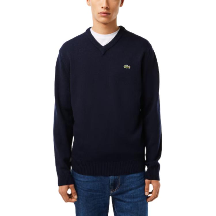 Lookbook LACOSTE V领纯色舒适毛衣 深蓝色 AH1952-166
