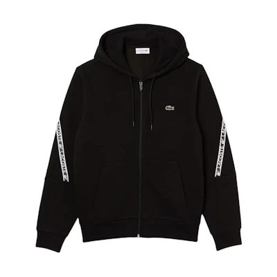 Lacoste Black Zip Hoodie with Logo Print and Taped Detail SH9885-031