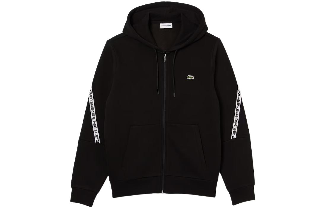 Order Lacoste Hoodie Hitam Berzip dengan Cetakan Logo dan Perincian Tali. SH9885-031