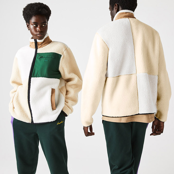 Shop LACOSTE France Crocodile Colorblock Polo Long Sleeve Sweatshirt Beige Unisex SH9180-RV6