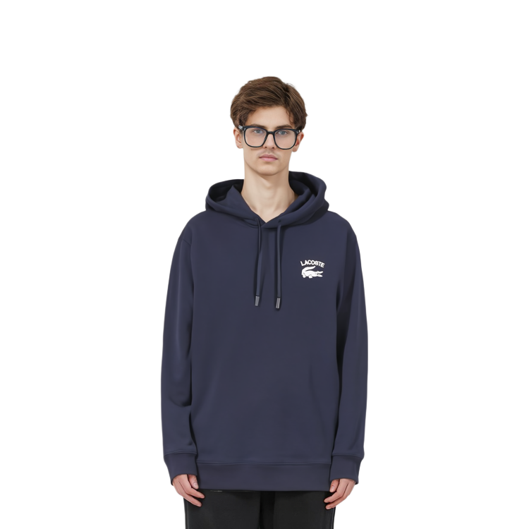 Shop Lacoste FW22 Navy Blue Logo Print Drawstring Hoodie SH9660-166