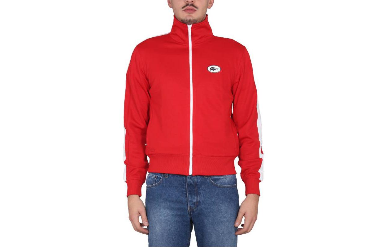 LACOSTE FW22 Red Logo Patch Striped Zip-Up Sweatshirt SH9664-240