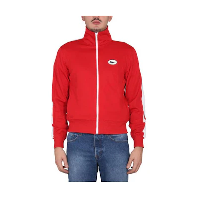 LACOSTE FW22 Red Logo Patch Striped Zip-Up Sweatshirt SH9664-240