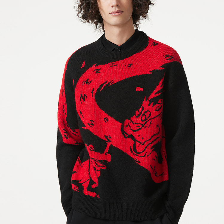 Shop LACOSTE Lunar New Year Dragon Series Colorblock Sweater Unisex Black AH8266-939