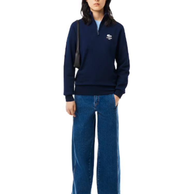 Lookbook LACOSTE Baju Sejuk Unisex Leher Tinggi Biru Tua Bersulam. SH2735-166