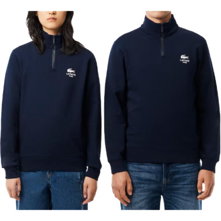 Shop LACOSTE Baju Sejuk Unisex Leher Tinggi Biru Tua Bersulam. SH2735-166