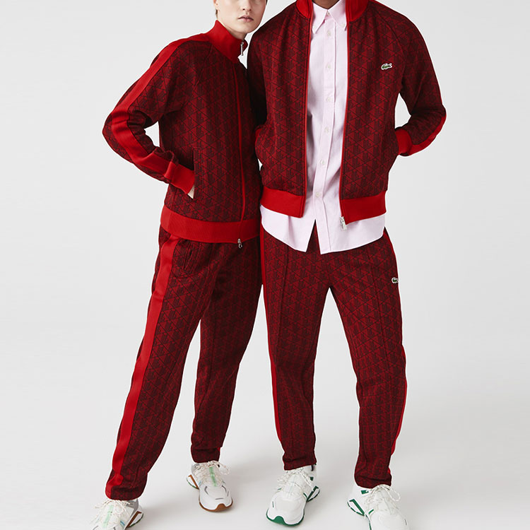 Shop LACOSTE SS22 全版印花拉鍊運動衫 情侶款 深紅色 SH2759-KM3
