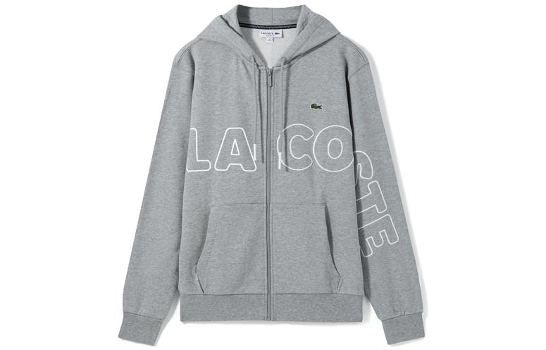 LACOSTE SS22 Gray Sweatshirt with Large Logo Print and Zipper SH2075-4JV
