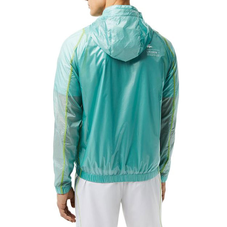 Shop Lacoste SS23 Blue Logo Print Patchwork Hooded Jacket BH5047-BR8