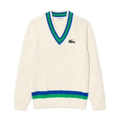 LACOSTE Striped V-Neck Long Sleeve Logo Sweater Unisex - White. AH2113-P4I