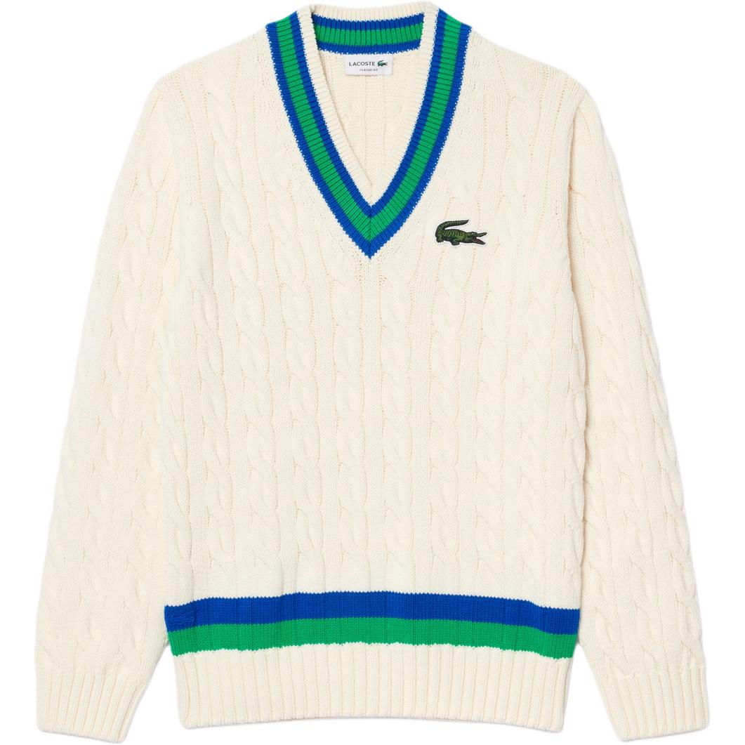 Order LACOSTE Striped V-Neck Long Sleeve Logo Sweater Unisex - White. AH2113-P4I