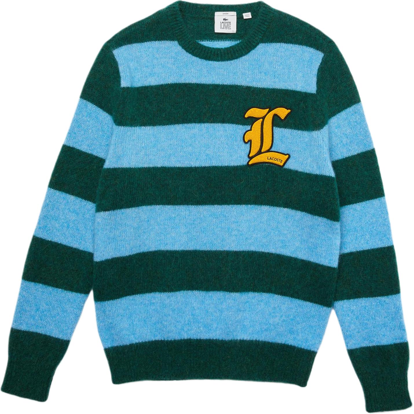 LACOSTE Unisex Blue Striped Wool Blend Sweater with Embroidered Logo. AH75011B8