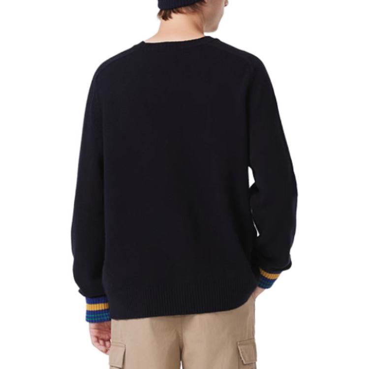 Shop LACOSTE Unisex Navy Blue Crewneck Logo Printed Sweater. AH0824-1-QRN