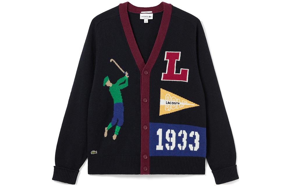 LACOSTE Unisex Navy Loose-Fit V-Neck Sweater with Letter and Number Print. AH0811-QRN