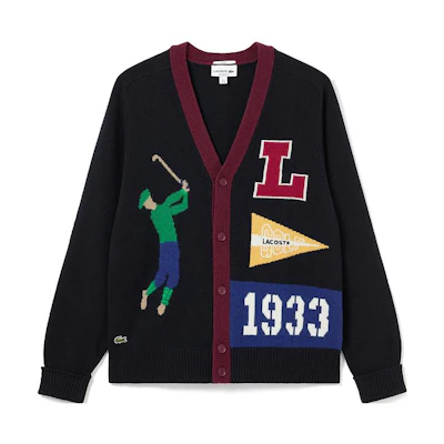 LACOSTE Unisex Navy Loose-Fit V-Neck Sweater with Letter and Number Print. AH0811-QRN