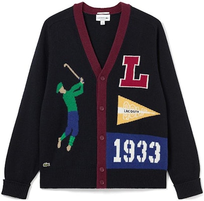 LACOSTE Unisex Navy Loose-Fit V-Neck Sweater with Letter and Number Print. AH0811-QRN Order LACOSTE Unisex Navy Loose-Fit V-Neck Sweater with Letter and Number Print. AH0811-QRN