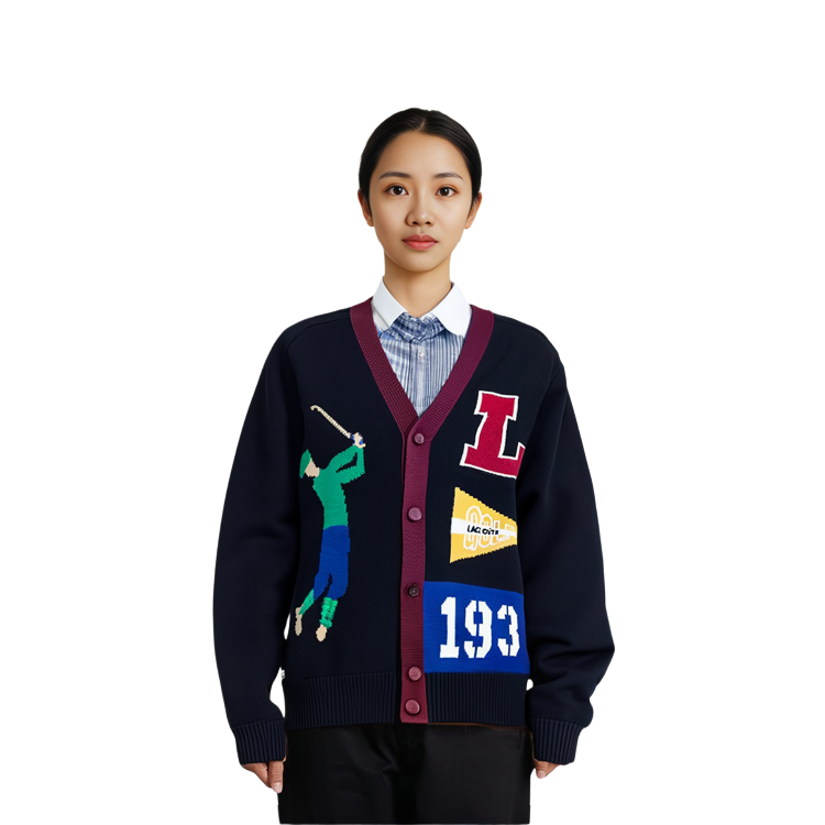 Shop LACOSTE Unisex Navy Loose-Fit V-Neck Sweater with Letter and Number Print. AH0811-QRN