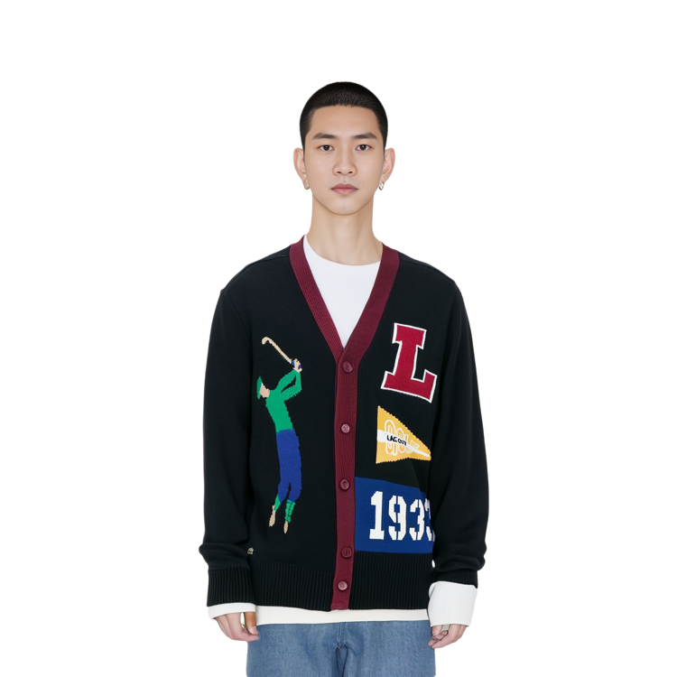 Purchase LACOSTE Unisex Navy Loose-Fit V-Neck Sweater with Letter and Number Print. AH0811-QRN