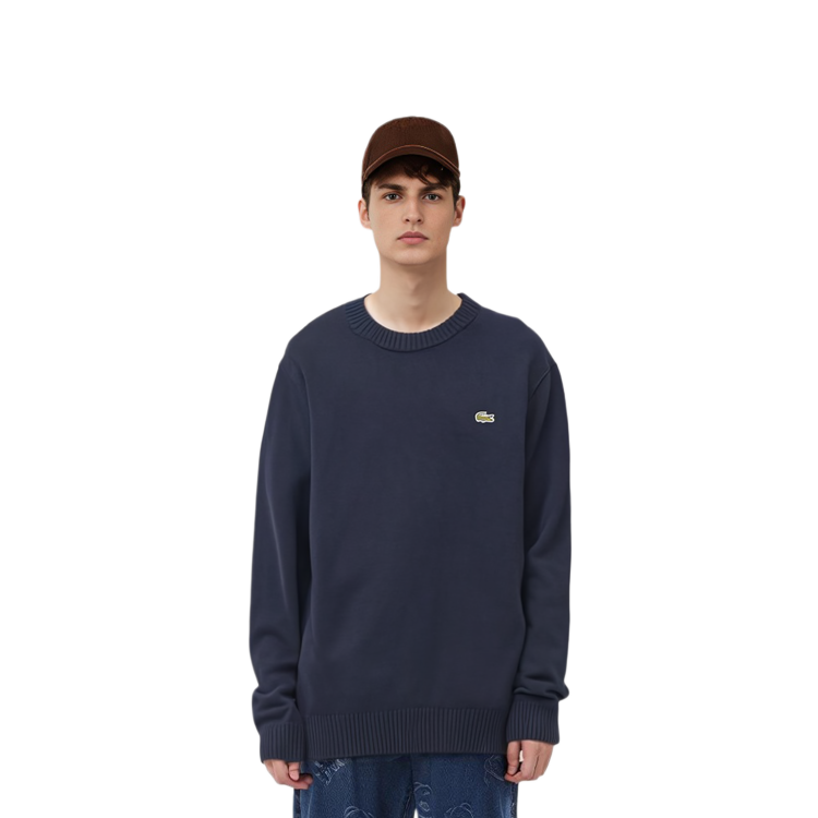 Lookbook LACOSTE 中性純色海軍藍圓領長袖套頭衫 AH0442-166