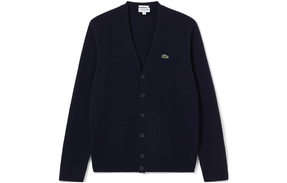 LACOSTE Unisex V-Neck Cardigan Long Sleeve Cashmere Sweater Navy Blue. AH0399-166