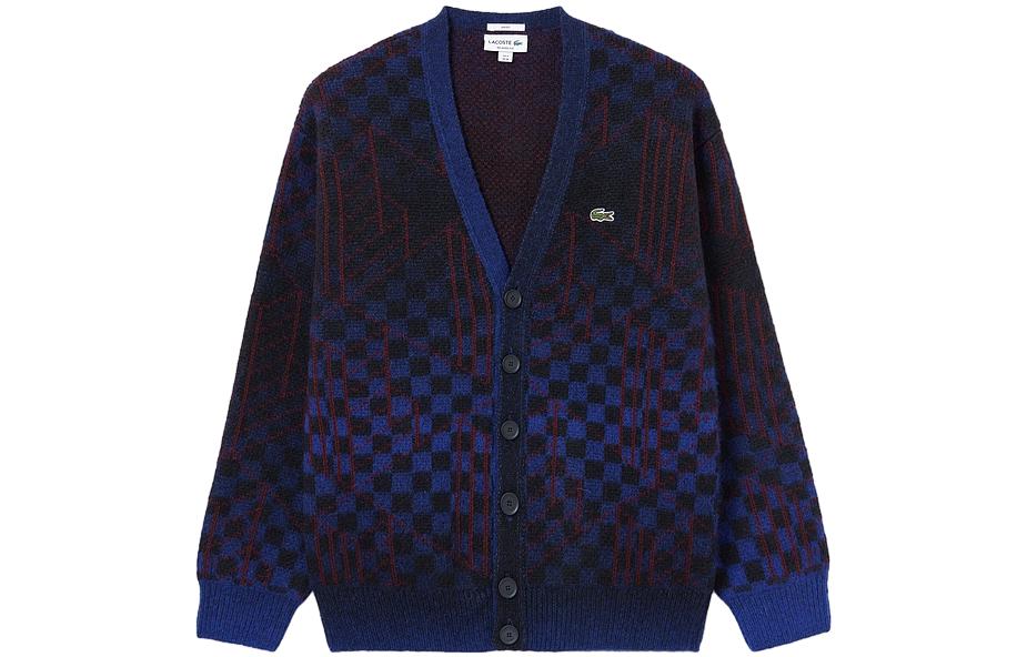 LACOSTE V-Neck Plaid Cardigan Sweater Unisex - Navy AH0819-NIN