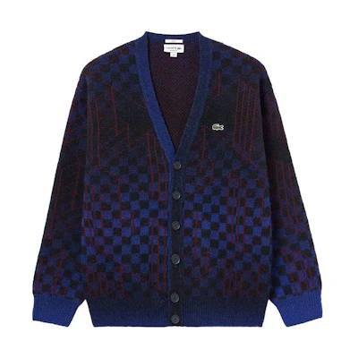 LACOSTE V-Neck Plaid Cardigan Sweater Unisex - Navy AH0819-NIN