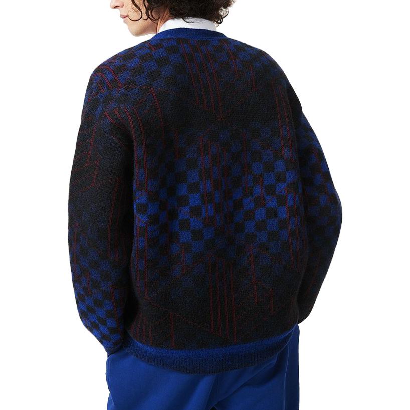 Shop LACOSTE V-Neck Plaid Cardigan Sweater Unisex - Navy AH0819-NIN