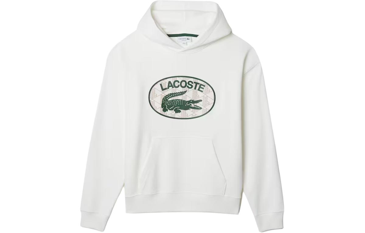 LACOSTE White Printed Hoodie - Loose Fit Long-Sleeve Pullover SH0067-70V